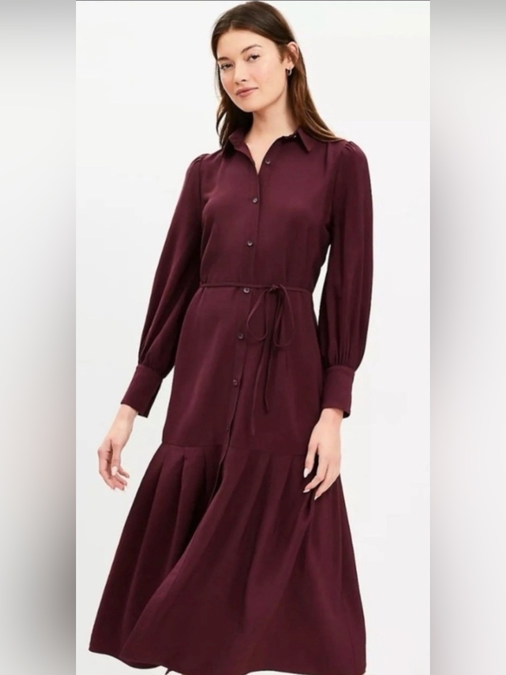 LOFT Burgundy Long-Sleeve Shirt Dress with Tie Waist